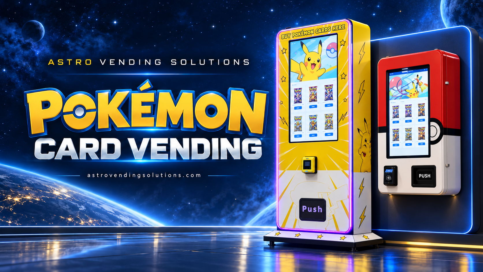 Astro Vending Solutions — Pokémon card vending machines against a blue galaxy, with a yellow Pikachu machine and a red and white wall-mounted machine.